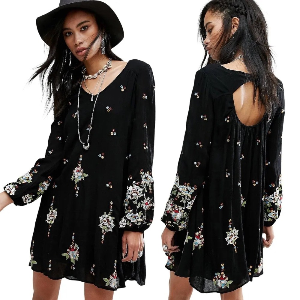 FREE PEOPLE Sz Small Oxford Embroidered Mini Dress Casual Long Sleeves Boho